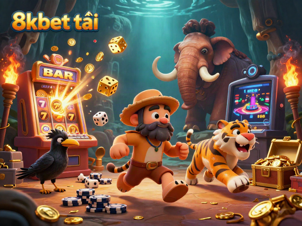 Experience the thrill of 8xbet tải with prehistorical characters and vibrant casino elements in a dynamic scene.