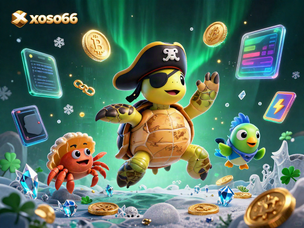 Xoso66 offers vibrant gaming experiences with a pirate turtle leading in this dynamic underwater treasure scene.
