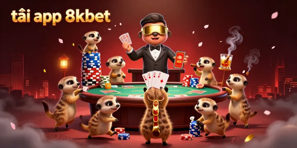 Experience interactive casino fun as you tải app 8kbet in this vibrant scene with meerkats and poker action.