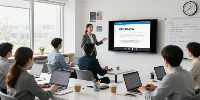 ISO 9001 Lead Auditor Course online training session with instructor and engaged participants in a modern classroom.