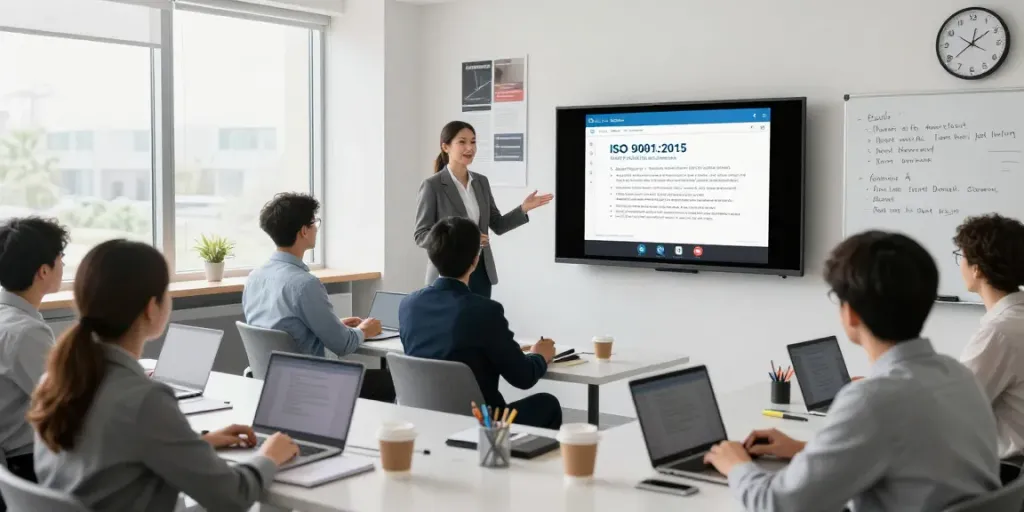 ISO 9001 Lead Auditor Course online training session with instructor and engaged participants in a modern classroom.