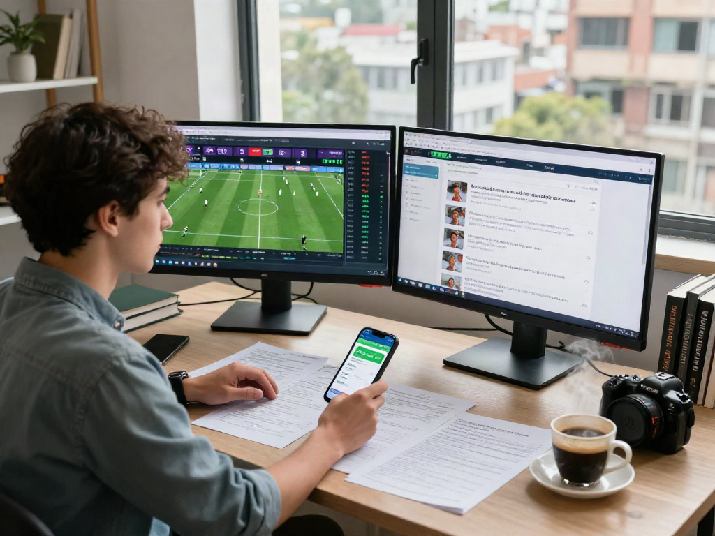 Analisis taruhan olahraga di rumah dengan layar menampilkan odds dan statistik pertandingan https://robotfestival.net/kwa-62910 secara real-time.