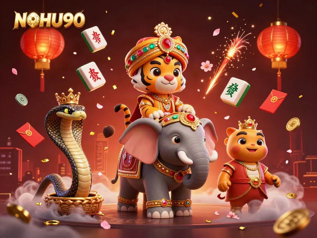 Engage with NOHU90's vibrant online casino world featuring a colorful tiger, elephant, and a cobra.