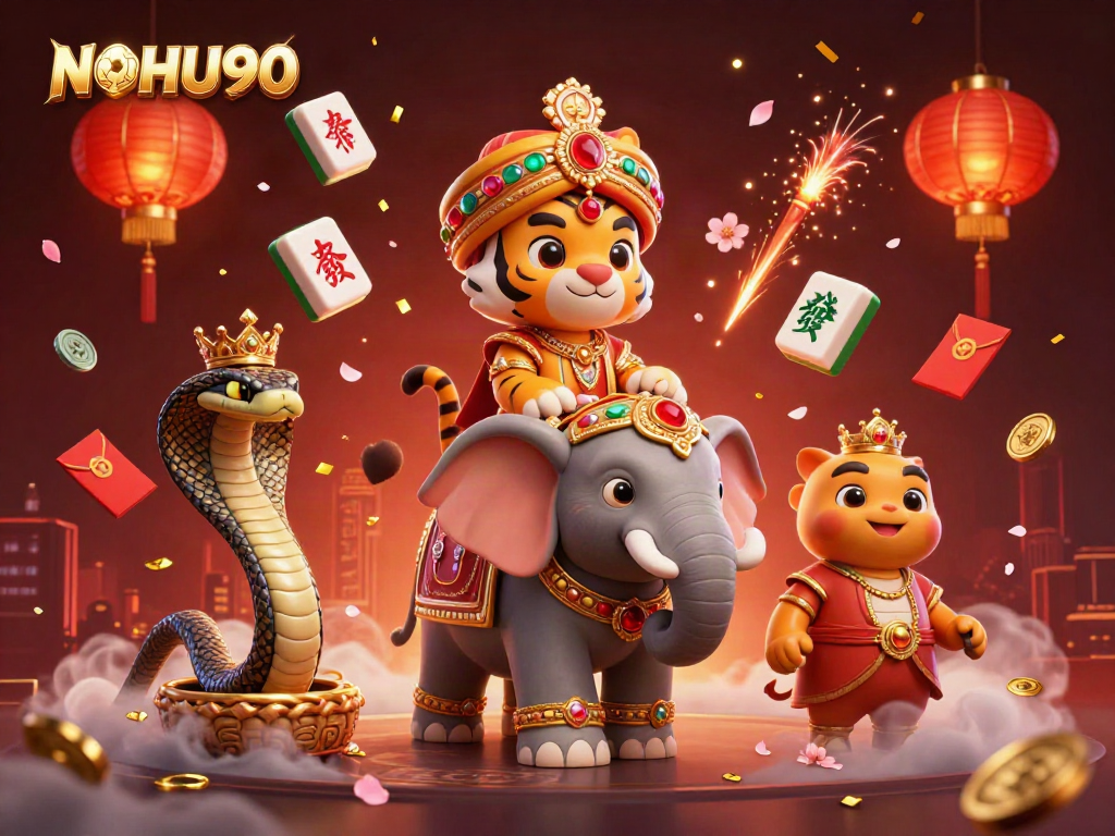 Engage with NOHU90's vibrant online casino world featuring a colorful tiger, elephant, and a cobra.