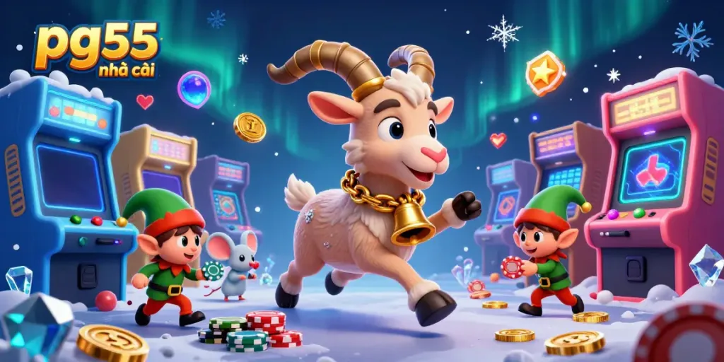 Engaging scene depicting pg55 nhà cái, featuring a festive Krampus goat managing a lively casino with fun gaming elements.