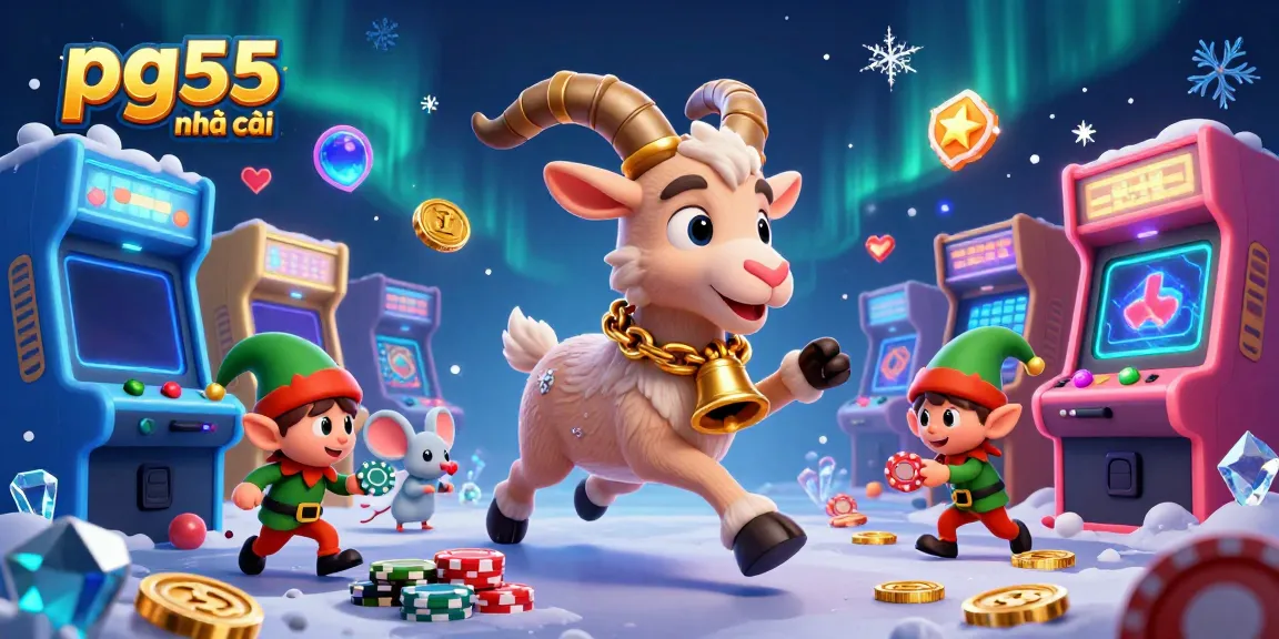 Engaging scene depicting pg55 nhà cái, featuring a festive Krampus goat managing a lively casino with fun gaming elements.