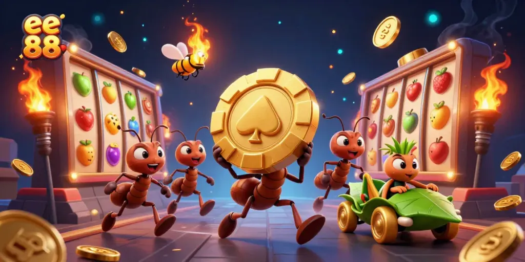 Experience the thrill of ee 88 with a cartoon heist scene featuring characters and casino elements.