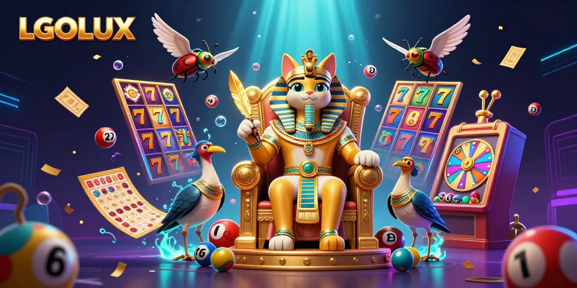Experience immersive gaming with LGOLUX, showcasing a pharaoh cat in a golden throne surrounded by vibrant slot elements.