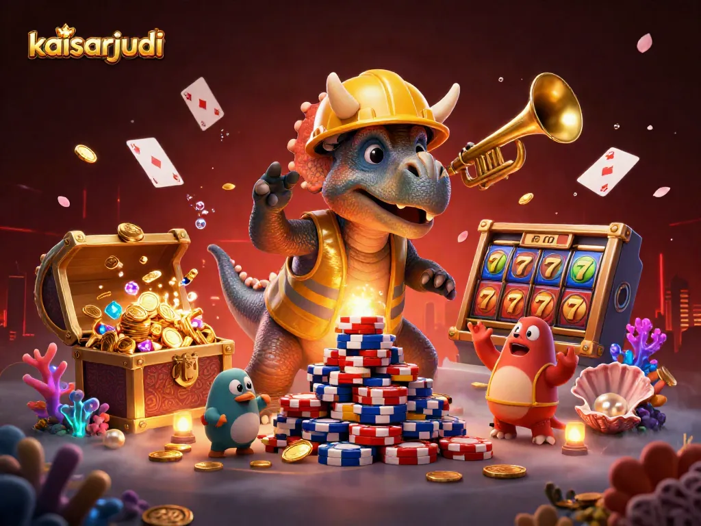 Experience the excitement of kaisarjudi with vibrant characters celebrating wins amid floating poker chips and jackpot symbols.
