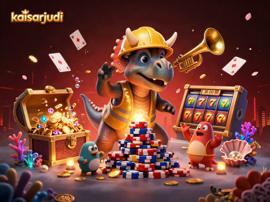 Experience the excitement of kaisarjudi with vibrant characters celebrating wins amid floating poker chips and jackpot symbols.