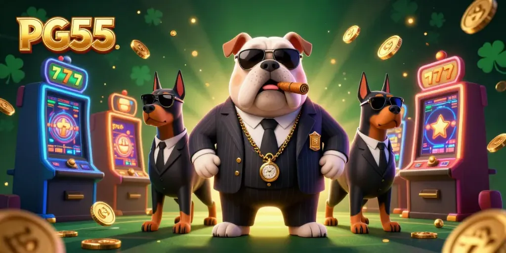 Engage with PG55 at a vibrant casino featuring a mafia bulldog and dynamic slot machines.