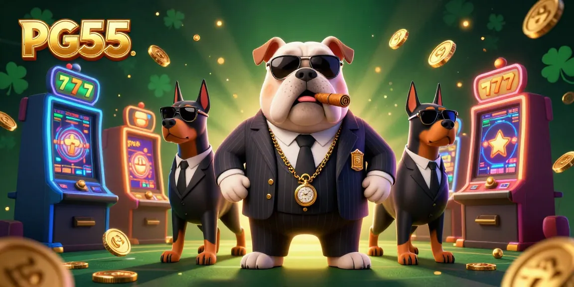 Engage with PG55 at a vibrant casino featuring a mafia bulldog and dynamic slot machines.