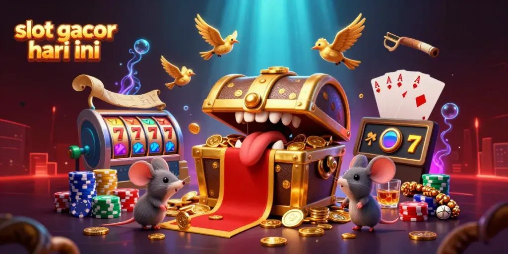 Engage with the slot gacor hari ini featuring a vibrant 3D scene with spinning reels, poker chips, and treasure elements.