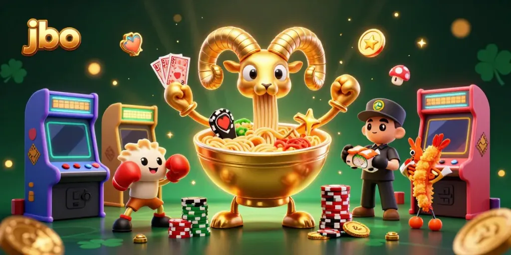 Engage with jbo's vibrant casino world featuring animated characters and arcade game elements.
