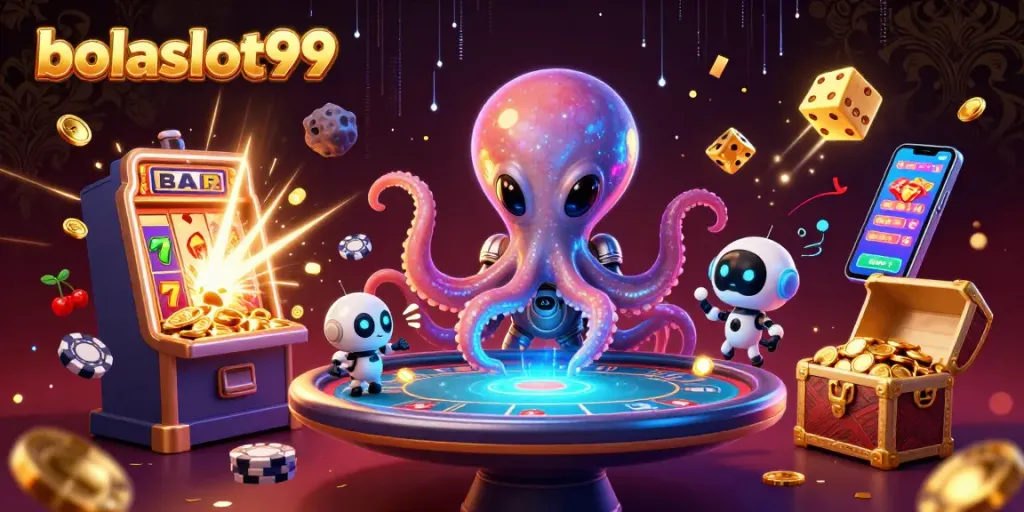 Experience thrilling gameplay at bolaslot99 with lively alien characters and rich casino elements.
