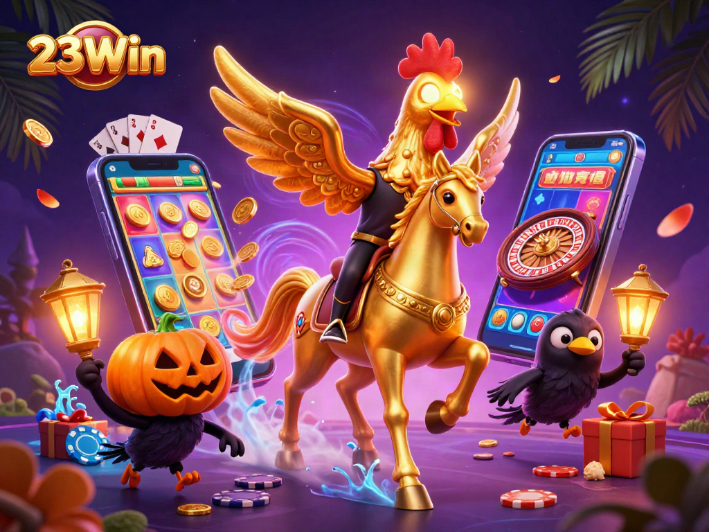 Experience the thrilling games at 23Win with immersive visuals of a golden rooster and exciting casino elements.