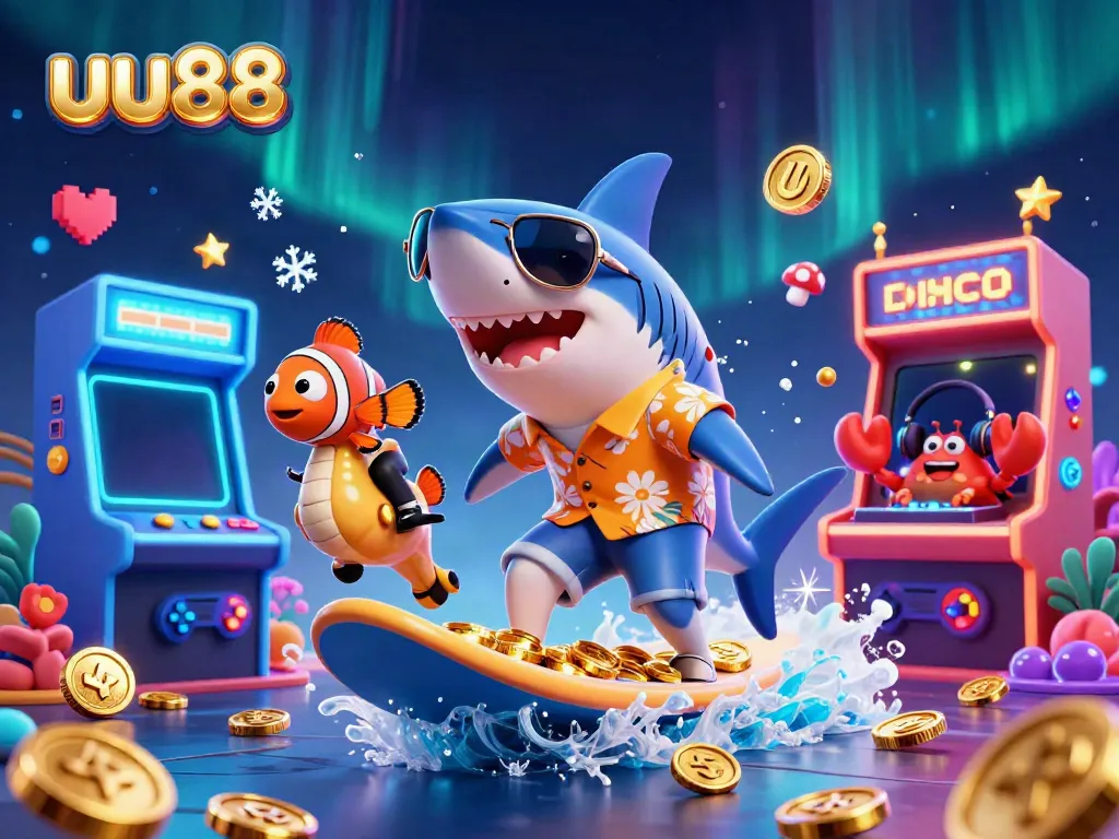 Experience exciting gaming fun at uu88 with a cartoon shark surfing on gold coins.