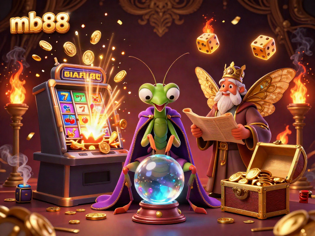 Engage with mb88's vibrant casino world featuring a fortune teller and dynamic game elements.