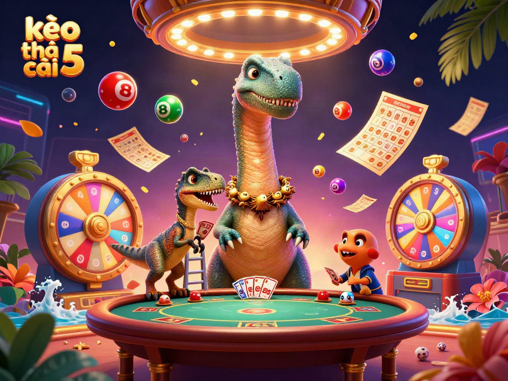 Experience thrilling gaming action as kèo nhà cái 5 brings dynamic excitement with dinosaurs and lottery elements in vibrant casino setting.