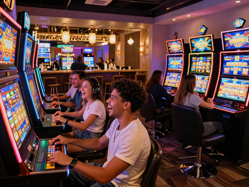 Friends enjoying luxury12 slot games in a vibrant gaming lounge