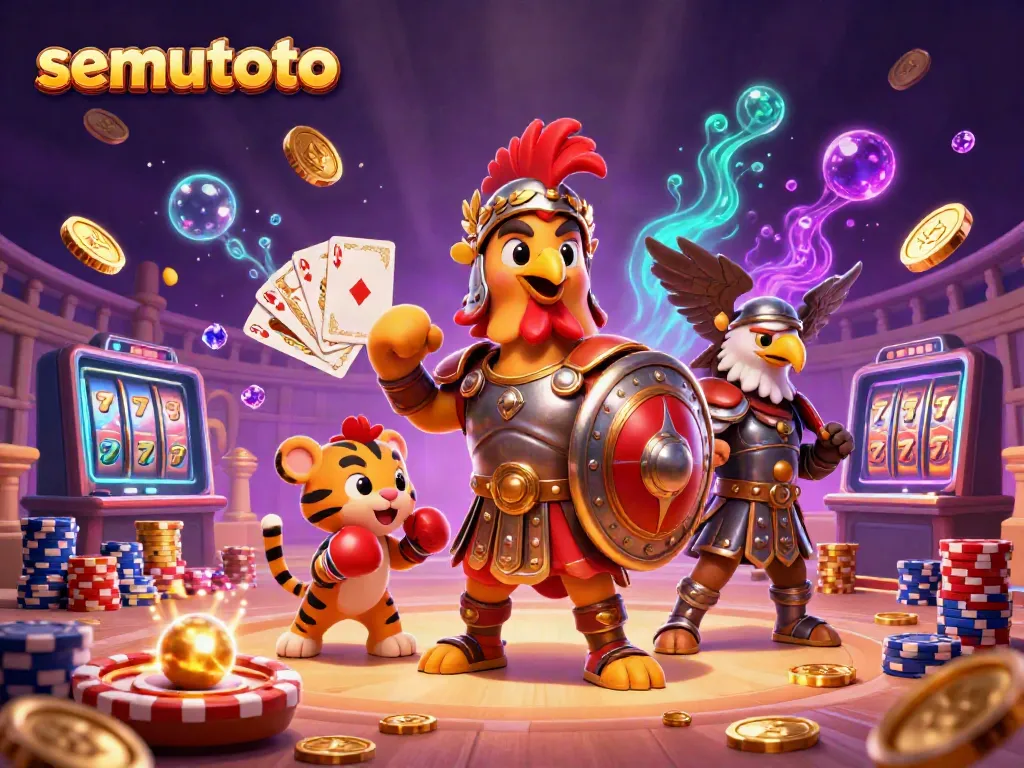 Semutoto menghadirkan pengalaman bermain dengan karakter ayam gladiator dan harimau kecil di arena judi.