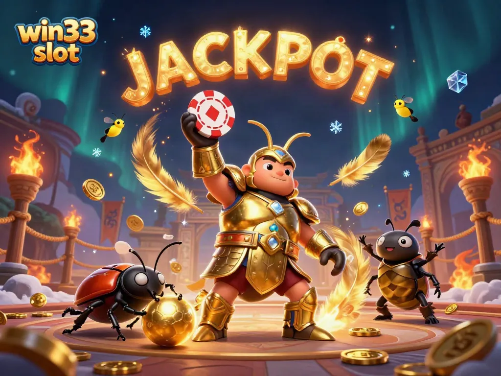 Win33 slot illustration with cartoon beetles and jackpot celebration in a dynamic casino scene.
