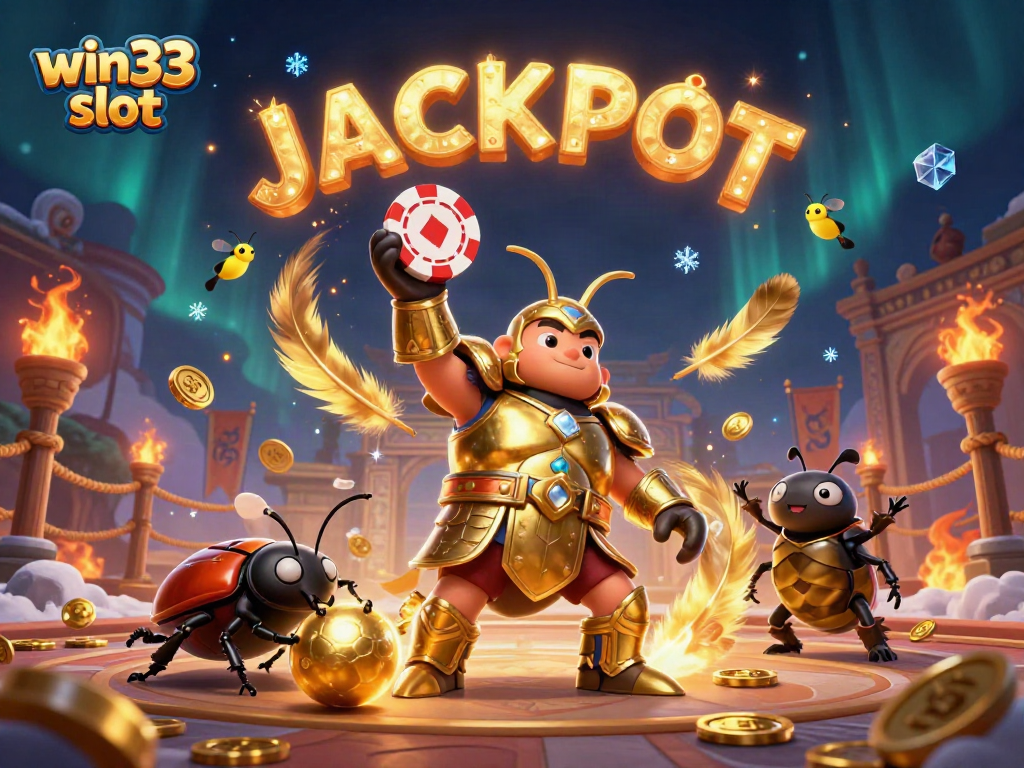 Win33 slot illustration with cartoon beetles and jackpot celebration in a dynamic casino scene.