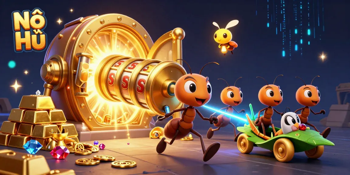 Nổ Hũ heist illustration showing ants carrying a giant slot machine amidst golden treasures
