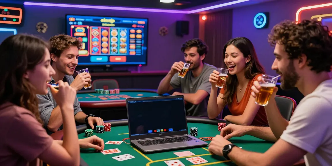Friends enthusiastically engaging with akunjp online gambling platform in a lively setting.