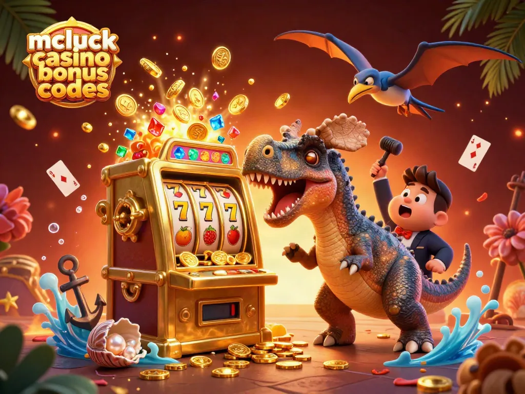 Eye-catching mcluck casino bonus codes scene with a dinosaur winning jackpot coins from a slot machine
