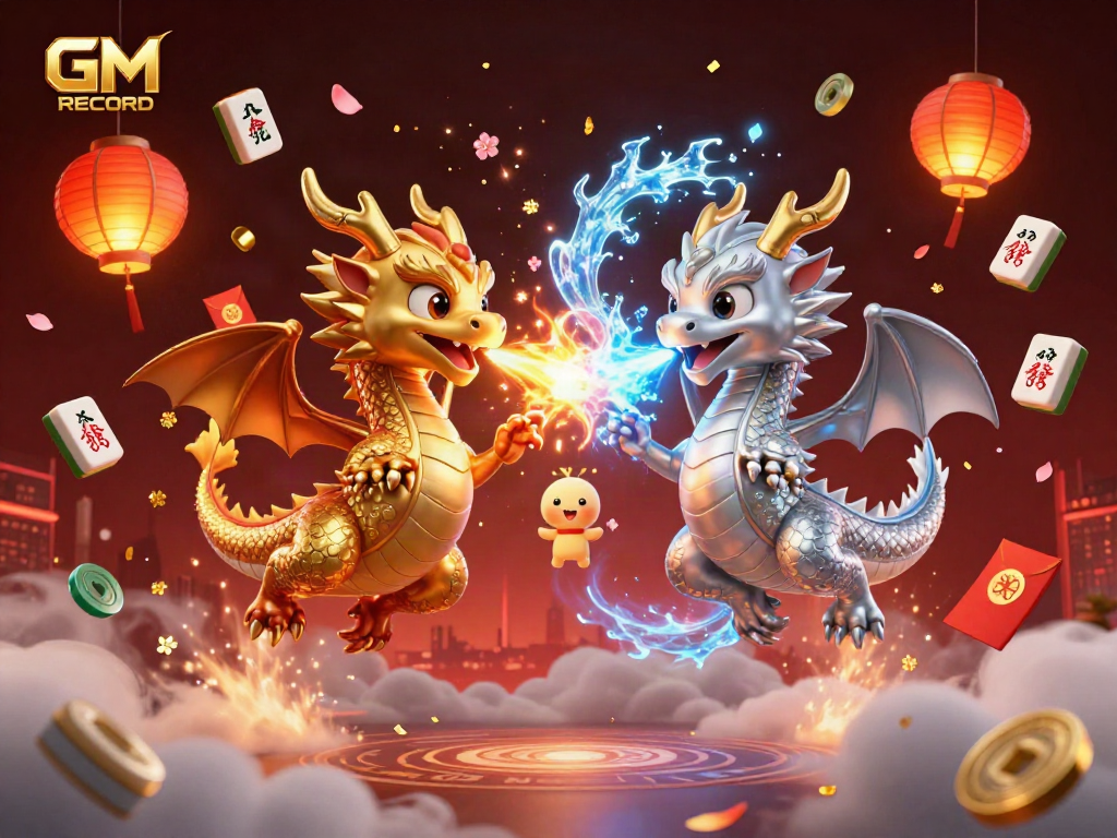 Engage with the GM RECORD scene showcasing dragons and Mahjong in a dynamic casino atmosphere