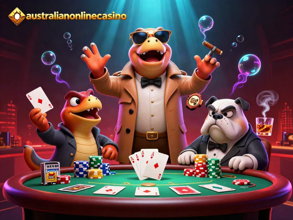 A 3D cartoon scene of raptors in a trench coat trying to enter a VIP lounge at an australianonlinecasino, surrounded by poker elements.