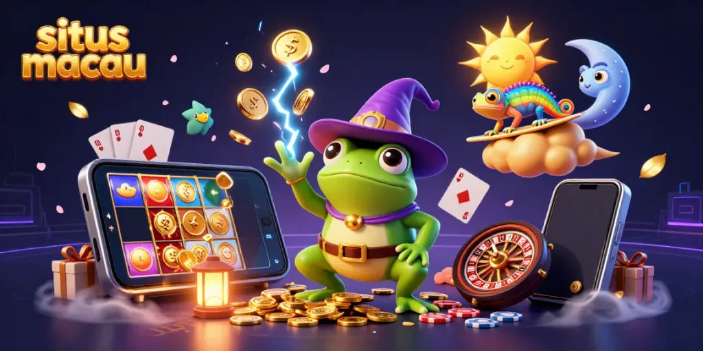Bermain di situs macau dengan gemuruh koin emas yang tumpah dari ponsel 3D menunjukkan permainan slot berwarna-warni.