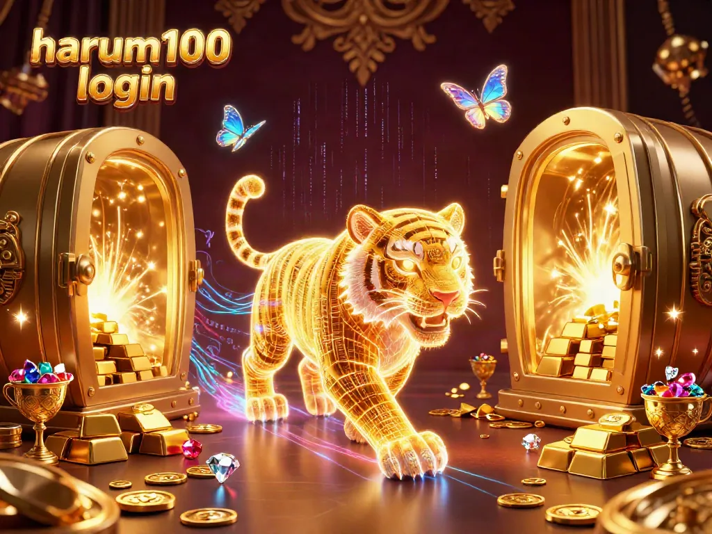 Permainan slot dengan peluang menang maksimal di HARUM100 login, menampilkan harta karun berkilau dan simbol keberuntungan.
