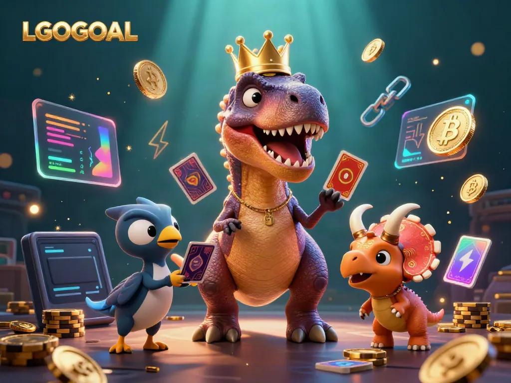 Experience the excitement at LGOGOAL with T-Rex shuffling cards next to golden chips!