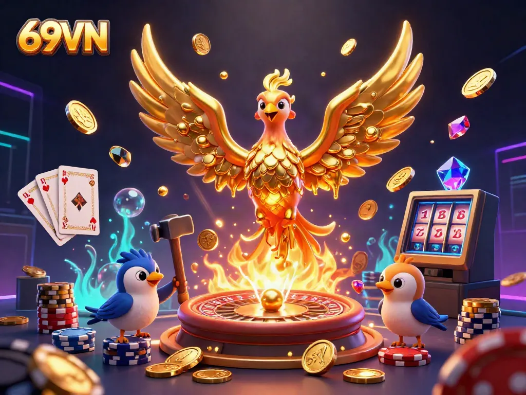 Experience the excitement of 69VN with a golden phoenix amid casino gaming elements.