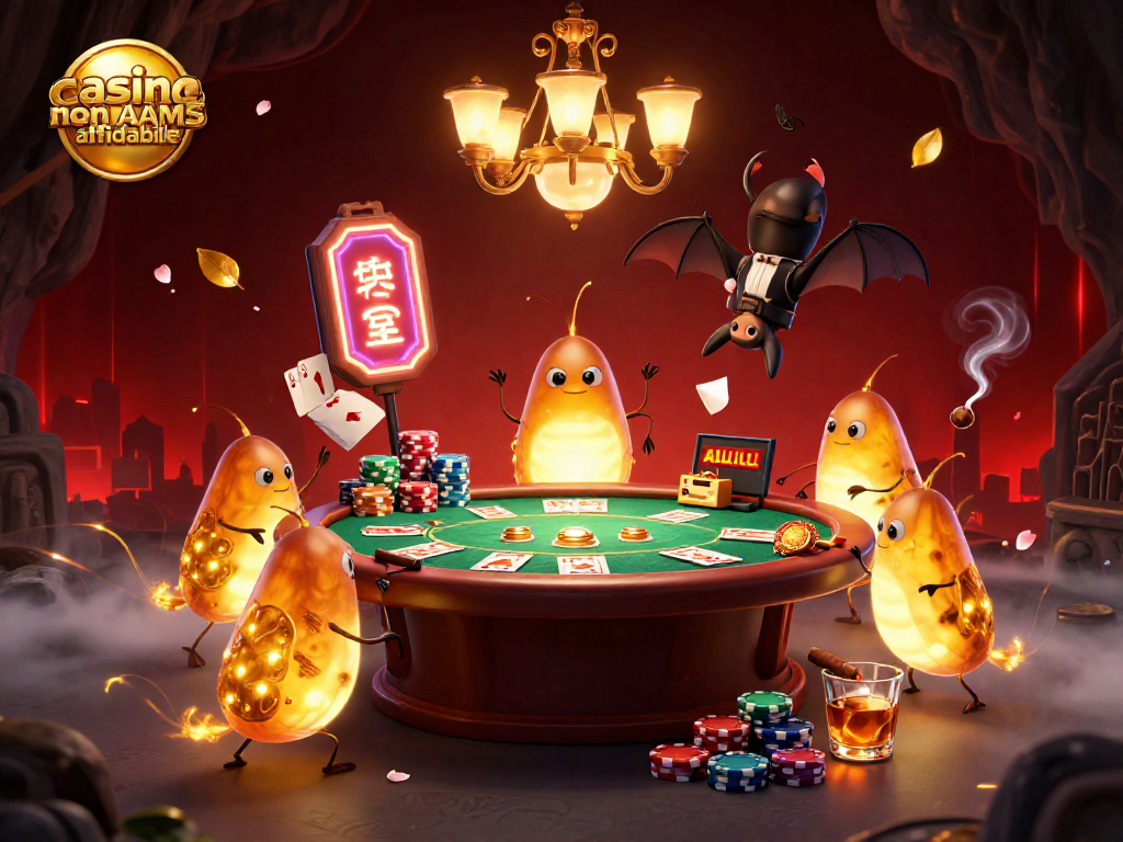 Un casino non AAMS affidabile animato presenta un tavolo da poker e un dealer pipistrello in un'atmosfera vivace.