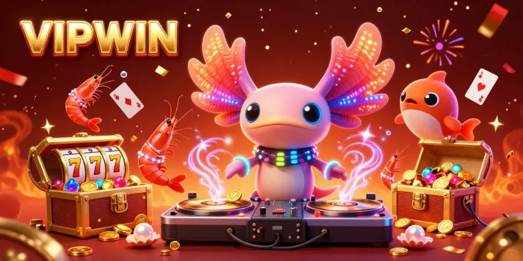 Experience the vibrant world of VIPWIN with an axolotl DJ and dancing sea creatures in a thrilling underwater casino scene.