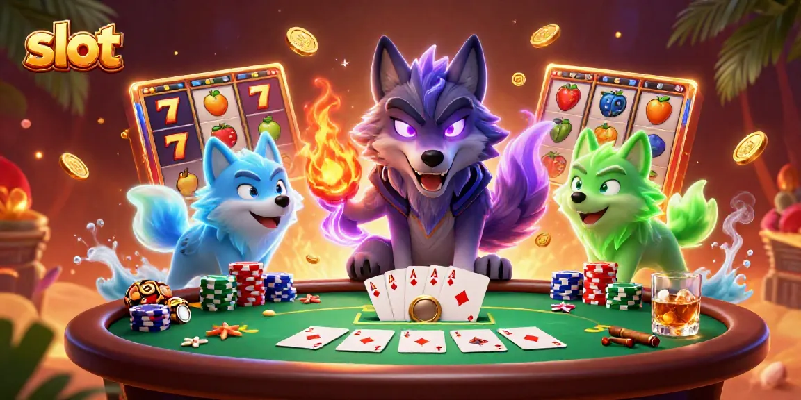 Slot permainan yang dikelilingi karakter serigala hantu yang mempesona dalam suasana kasino yang meriah.