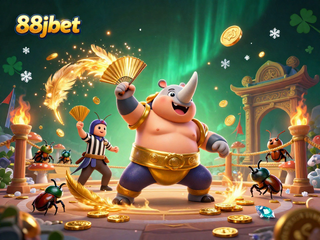 Experience thrilling action with 88jbet's lively casino scene featuring a sumo beetle champion.