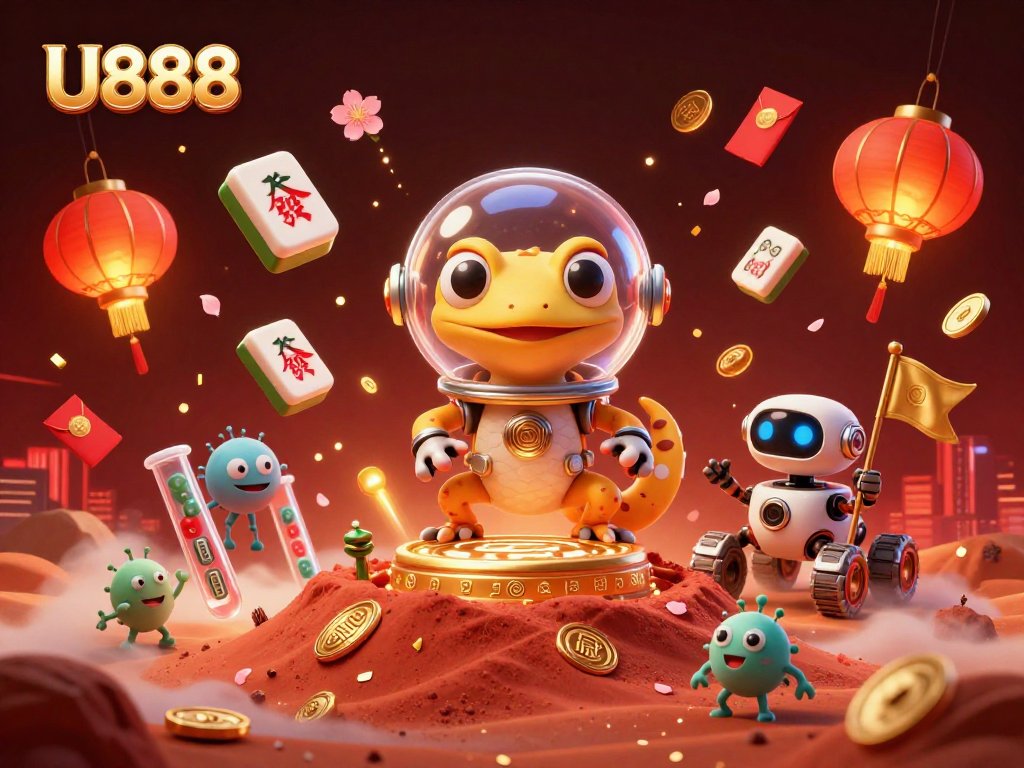 U888 offers a vibrant gaming experience with a Martian gecko and golden casino in a cosmic setting.
