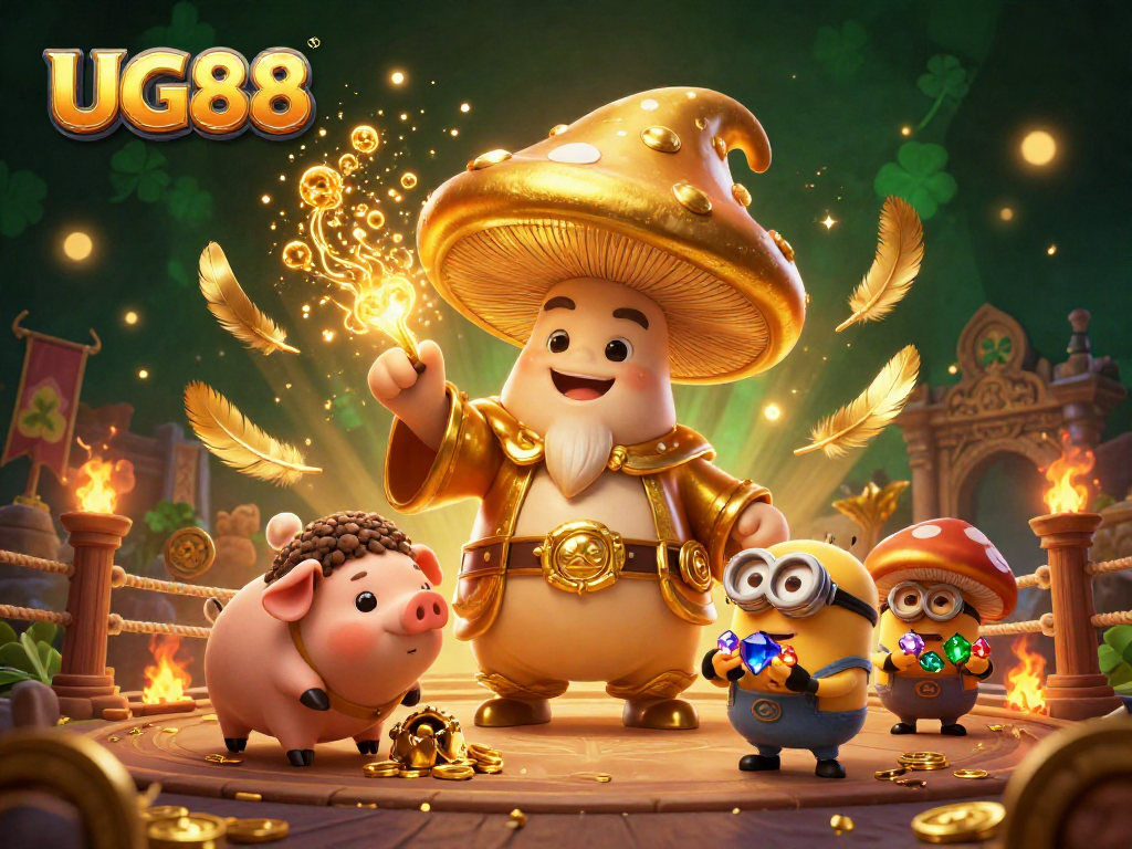 Experience the magic of UG88 with a dynamic scene featuring a golden mushroom wizard and treasures in an enchanted casino.