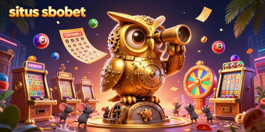Engage with situs sbobet in a vibrant casino scene featuring a golden owl and animated elements.