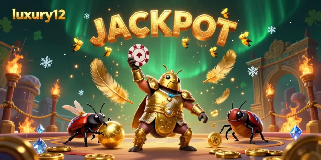 Experience thrilling casino action with a luxury12 theme featuring triumphant characters celebrating wins.