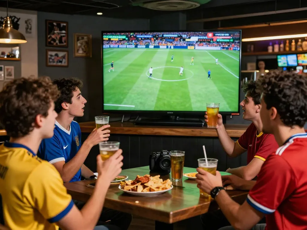 WWBOLA sports betting scene with excited fans celebrating a soccer match in a lively bar.