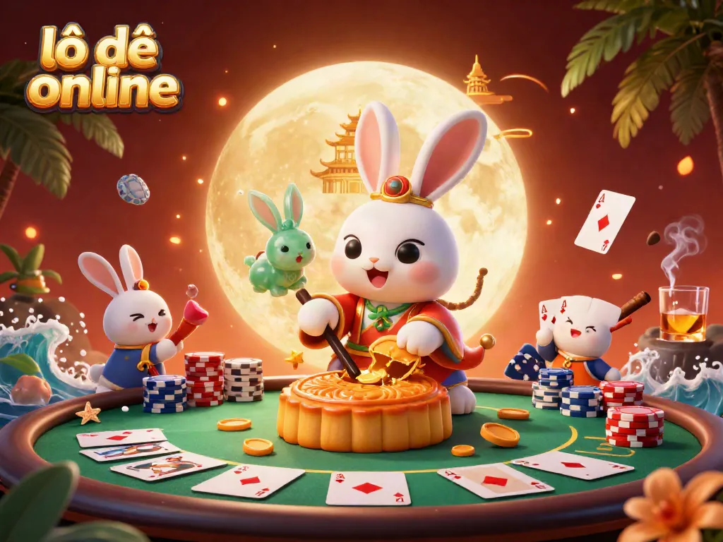 Experience the excitement of lô đề online with vibrant 3D characters celebrating on the moon amidst poker chips.