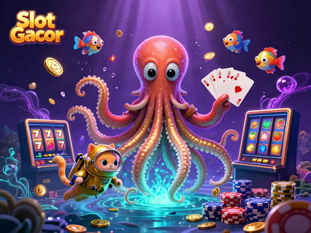 Experience the excitement of Slot Gacor with a kraken and diving cat amid vibrant casino elements.