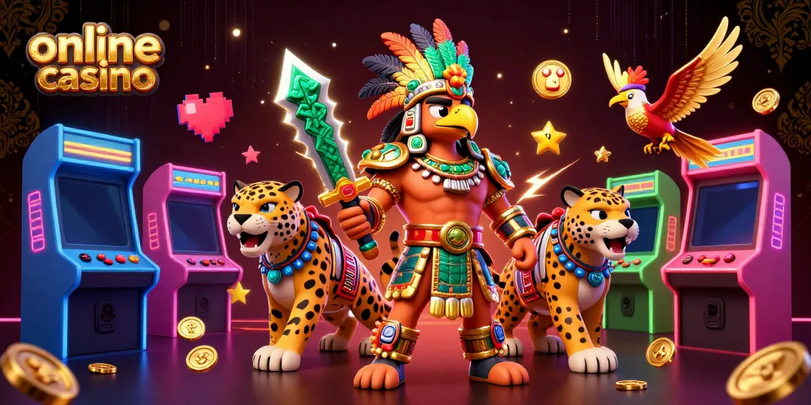 Engage with exciting online casino gameplay featuring detailed Aztec warrior characters and neon game elements.
