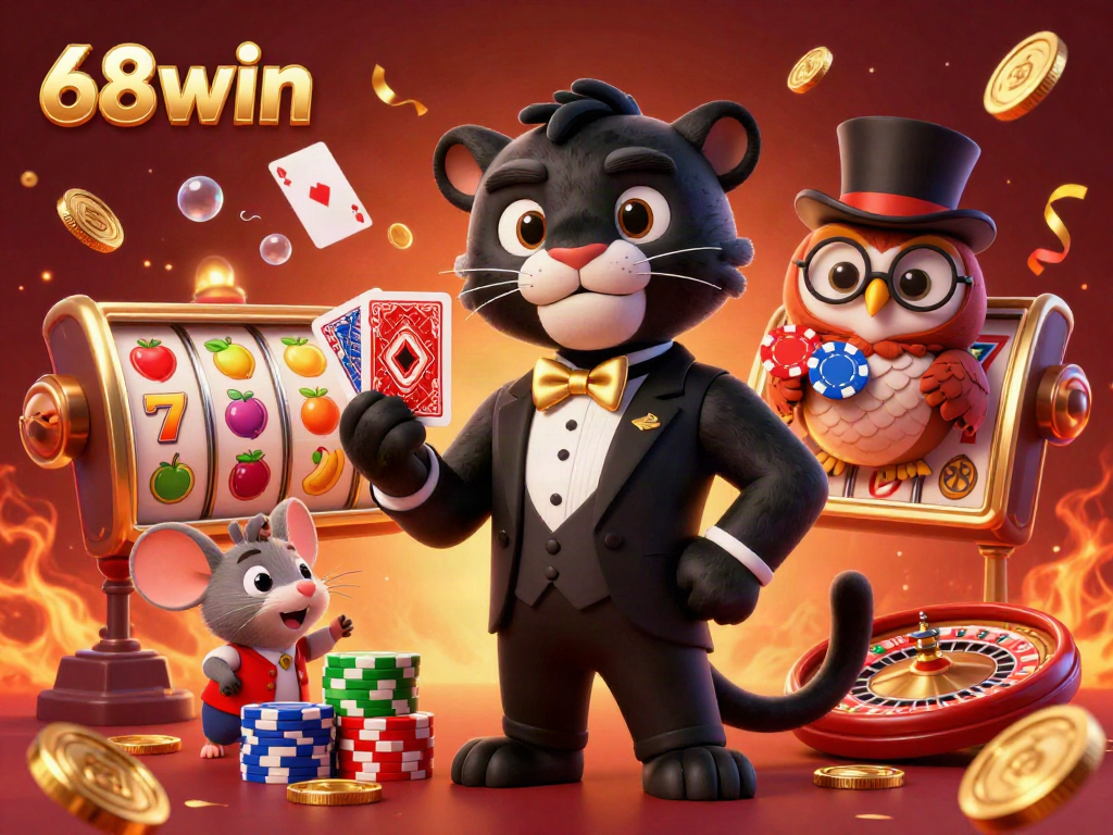 Engage in thrilling online gaming adventures at 68win with an exciting illustration of a stylish panther, owl, and mouse.