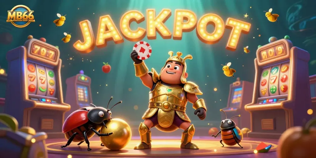 Engage with MB66 in a vibrant slot machine scene showcasing colorful characters and jackpot elements.